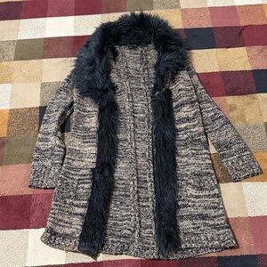 BCBGMaxAzria Faux Fur Black and Tan Sweater Coat